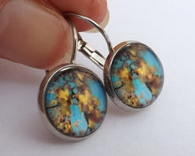 Load image into Gallery viewer, Kowhai Flowers, Blue Sky - Dome Earrings on Lever Back Hooks (The NZ Collection)
