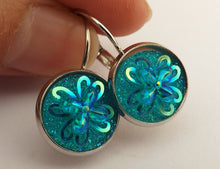 Load image into Gallery viewer, Light Blue 3D AB Lustre Flower Earrings on Lever Back Hooks