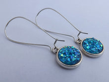 Load image into Gallery viewer, Light Blue Sparkly Handmade Dome Earrings on Long Kidney Hooks