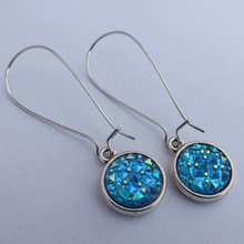 Load image into Gallery viewer, Light Blue Sparkly Handmade Dome Earrings on Long Kidney Hooks