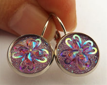 Load image into Gallery viewer, Purple Yellow 3D AB Lustre Flower Earrings on Lever Back Hooks