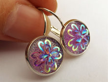Load image into Gallery viewer, Purple Yellow 3D AB Lustre Flower Earrings on Lever Back Hooks