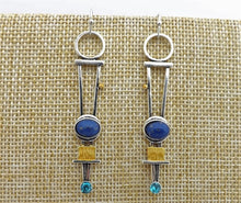 Load image into Gallery viewer, Long Silver Tone, Blue & Faux Gold Drop Earrings
