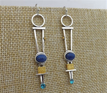 Load image into Gallery viewer, Long Silver Tone, Blue & Faux Gold Drop Earrings