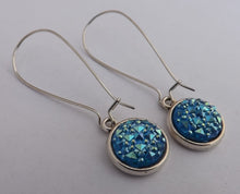 Load image into Gallery viewer, Mid Blue Sparkly Handmade Dome Earrings on Long Kidney Hooks