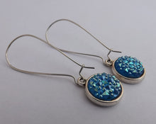 Load image into Gallery viewer, Mid Blue Sparkly Handmade Dome Earrings on Long Kidney Hooks