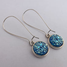 Load image into Gallery viewer, Mid Blue Sparkly Handmade Dome Earrings on Long Kidney Hooks