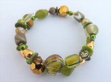 Load image into Gallery viewer, Olive Green & Gold Beads Memory Wire Bracelet
