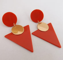 Load image into Gallery viewer, Orange & Gold Tone Acrylic Triangle Earrings