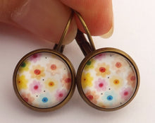 Load image into Gallery viewer, Pastel Flowers on White - Dome Earrings on Lever back hooks