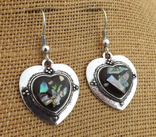 Load image into Gallery viewer, Paua Chips on Black, Heart Drop Earrings or Necklace