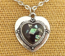 Load image into Gallery viewer, Paua Chips on Black, Heart Drop Earrings or Necklace