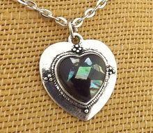 Load image into Gallery viewer, Paua Chips on Black, Heart Drop Earrings or Necklace
