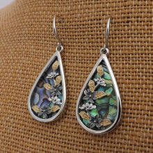 Load image into Gallery viewer, Paua, Gold & Silver Tone Floral Teardrop Earrings