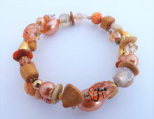 Load image into Gallery viewer, Peach, Tan, Gold & Clear Beads Memory Wire Bracelet
