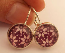 Load image into Gallery viewer, Pink Flowers on Purple - Dome Earrings on Lever back hooks