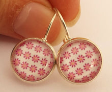 Load image into Gallery viewer, Pink Flowers on White - Dome Earrings on Lever back hooks