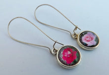 Load image into Gallery viewer, Pink Rose Double Sided Dome Earrings on Long Kidney Hooks