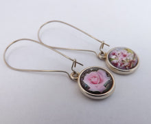 Load image into Gallery viewer, Pink Rose & Cherry Blossoms Double Sided Dome Earrings on Long Kidney Hooks