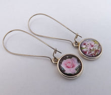 Load image into Gallery viewer, Pink Rose & Cherry Blossoms Double Sided Dome Earrings on Long Kidney Hooks