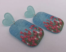 Load image into Gallery viewer, Pink Tulips on Blue Acrylic Earrings with Heart Top