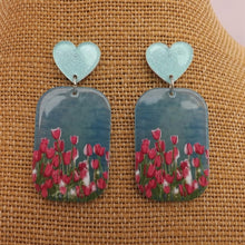Load image into Gallery viewer, Pink Tulips on Blue Acrylic Earrings with Heart Top