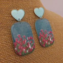 Load image into Gallery viewer, Pink Tulips on Blue Acrylic Earrings with Heart Top