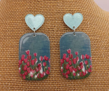 Load image into Gallery viewer, Pink Tulips on Blue Acrylic Earrings with Heart Top