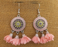Load image into Gallery viewer, Silver Tone Chandelier Earrings with Flower Posy Tassel Drops (multiple colour options)