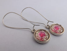 Load image into Gallery viewer, Pink & Silver Flower Sparkle Handmade Dome Earrings on Long Kidney Hooks