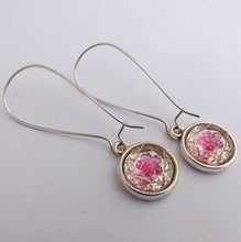 Load image into Gallery viewer, Pink & Silver Flower Sparkle Handmade Dome Earrings on Long Kidney Hooks