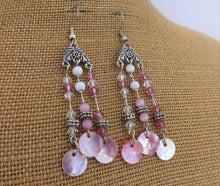 Load image into Gallery viewer, Pink & Silver Tone Beads with Mother of Pearl Shell, Drop Earrings