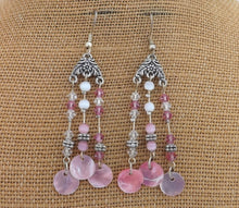 Load image into Gallery viewer, Pink & Silver Tone Beads with Mother of Pearl Shell, Drop Earrings
