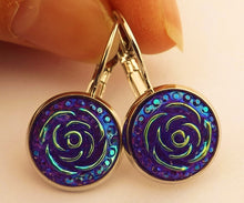Load image into Gallery viewer, Purple 3D AB Lustre Flower Earrings on Lever Back Hooks