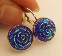 Load image into Gallery viewer, Purple 3D AB Lustre Flower Earrings on Lever Back Hooks