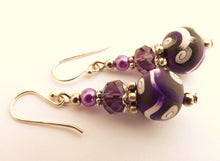 Load image into Gallery viewer, Purple, Black & White Kathryn Design bead earrings on Sterling Silver Hooks