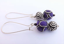 Load image into Gallery viewer, Purple, Black & White Kathryn Design Bead Earrings on Long Kidney Hooks