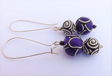Load image into Gallery viewer, Purple, Black & White Kathryn Design Bead Earrings on Long Kidney Hooks