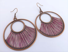 Load image into Gallery viewer, Warm Green & Copper Tone Stretched Cord Round Drop Earrings (multiple colour options)