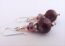 Load image into Gallery viewer, Purple, Red & Pink Handmade Kathryn Design bead earrings on sterling silver Hooks
