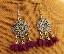 Load image into Gallery viewer, Silver Tone Chandelier Earrings with Flower Posy Tassel Drops (multiple colour options)