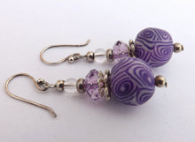 Load image into Gallery viewer, Purple & White Kathryn Design Bead Earrings on Sterling Silver Hooks