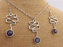 Load image into Gallery viewer, Dichroic Dome & Silver Tone Squiggle Necklace & Earrings Set (Purple or Blue)