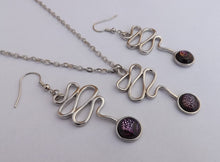 Load image into Gallery viewer, Dichroic Dome & Silver Tone Squiggle Necklace & Earrings Set (Purple or Blue)