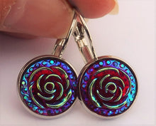 Load image into Gallery viewer, Red 3D AB Lustre Flower Earrings on Lever Back Hooks