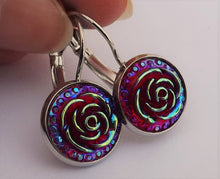 Load image into Gallery viewer, Red 3D AB Lustre Flower Earrings on Lever Back Hooks