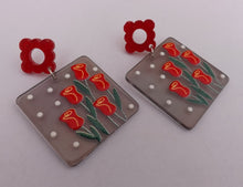 Load image into Gallery viewer, Red Roses on Grey Acrylic Earrings