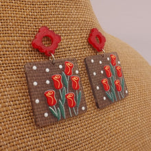 Load image into Gallery viewer, Red Roses on Grey Acrylic Earrings