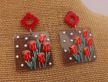 Load image into Gallery viewer, Red Roses on Grey Acrylic Earrings