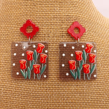 Load image into Gallery viewer, Red Roses on Grey Acrylic Earrings